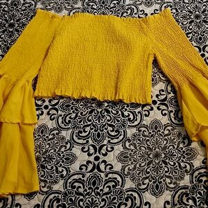 Off-Shoulder Yellow Smocked Bell-Sleeve Crop Top